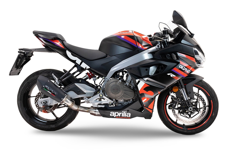 Aprilia RS 457 2024-2025, Gpe Ann. Black titanium, Slip-on exhaust including link pipe and removable db killer 