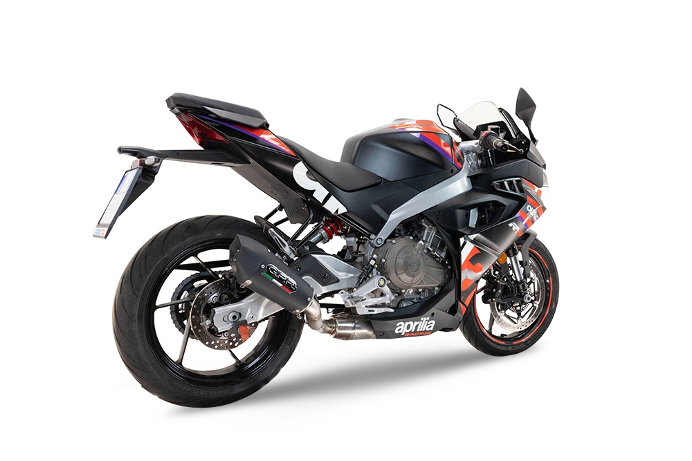 Aprilia RS 457 2024-2025, Gpe Ann. Black titanium, Slip-on exhaust including link pipe and removable db killer 