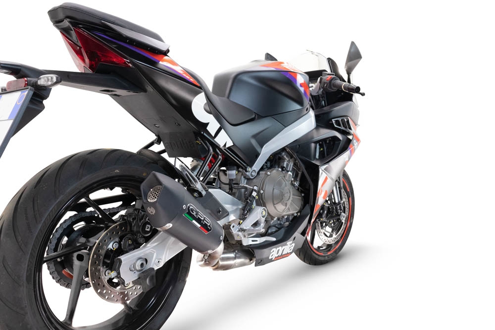 Aprilia RS 457 2024-2025, Gpe Ann. Black titanium, Slip-on exhaust including link pipe and removable db killer 